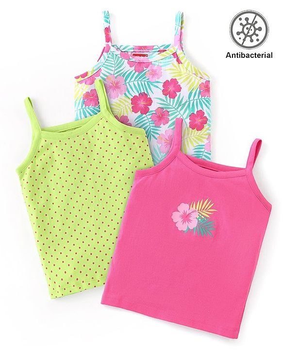 Babyhug 100% Cotton Knit Sleeveless Antibacterial Slips with Floral & Polka Dot Print Pack of 3 - Multicolour