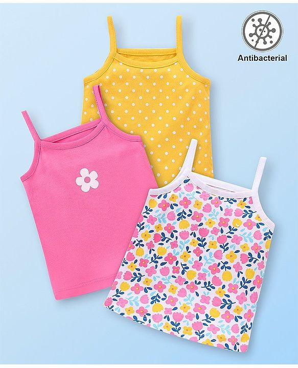Babyhug 100% Cotton Sleeveless Antibacterial Slips  with Floral & Polka Dot Print Pack of 3 - Multicolour