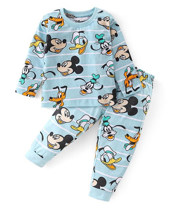 Babyhug Disney Cotton Knit Full Sleeves Night Suit with Mickey Mouse Graphics - Blue & White