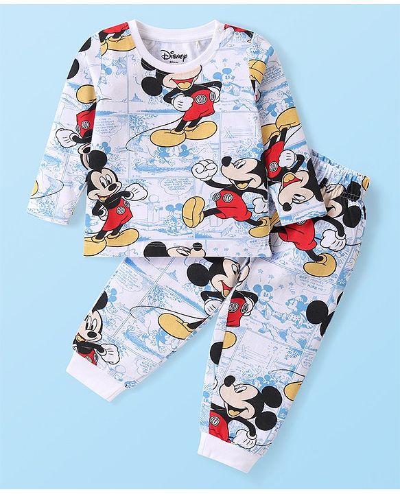 Babyhug Disney Cotton Knit Full Sleeves Night Suit with Mickey Mouse Graphics - White