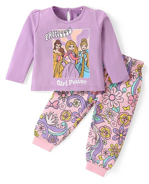 Babyhug Disney Single Jersey Full Sleeves Night Suit with Princess & Floral Print - Purple