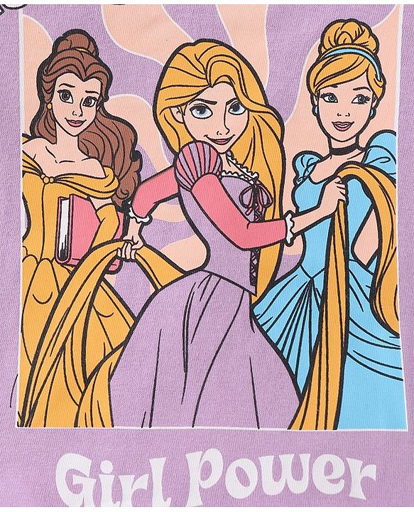 Babyhug Disney Single Jersey Full Sleeves Night Suit with Princess & Floral Print - Purple