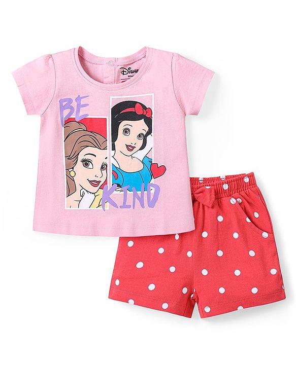 Babyhug Disney Cotton Knit Half Sleeves Night Suit With Disney Princess Print - Pink