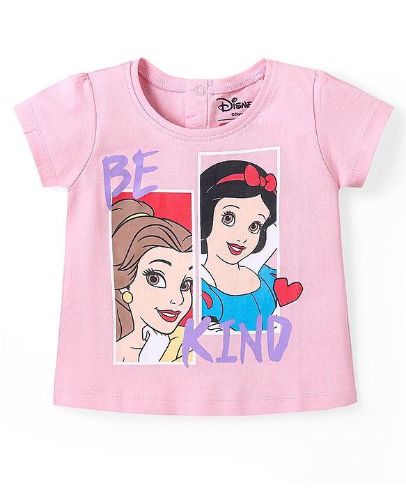 Babyhug Disney Cotton Knit Half Sleeves Night Suit With Disney Princess Print - Pink