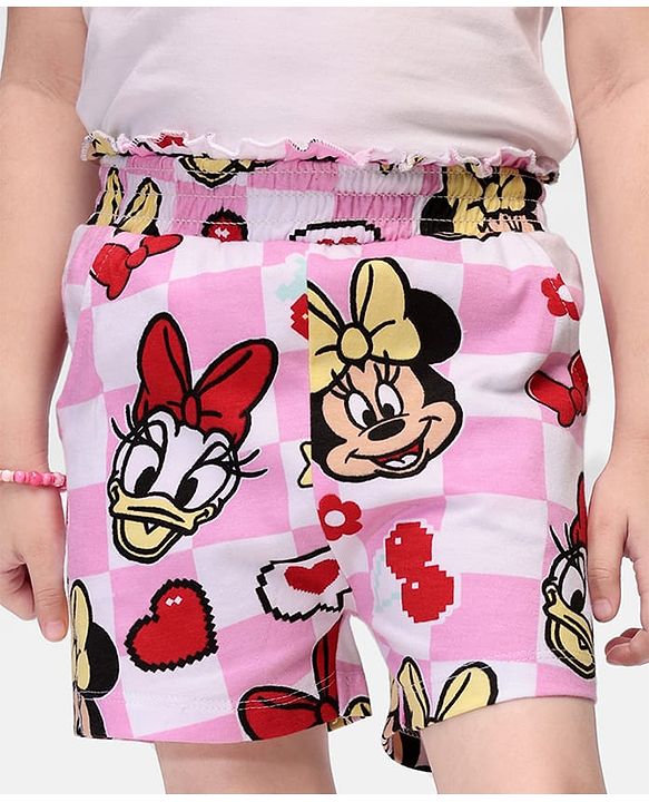 Babyhug Disney Cotton Woven Mid Thigh Shorts with Minnie Mouse Print - Multicolour