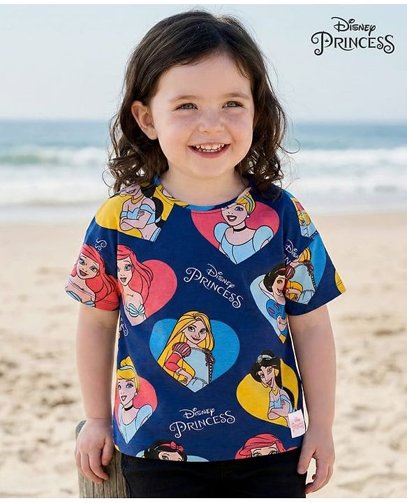 Babyhug Disney 100% Cotton Knit Half Sleeves T-Shirt with Disney  Princess  -  Navy Blue