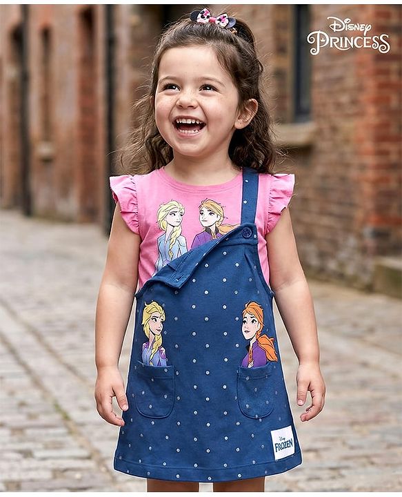 Babyhug Disney Interlock Knit Frock with Frill Sleeves T-Shirt Disney Princess Graphics - Pink & Blue
