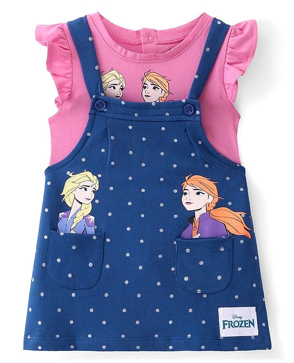Babyhug Disney Interlock Knit Frock with Frill Sleeves T-Shirt Disney Princess Graphics - Pink & Blue