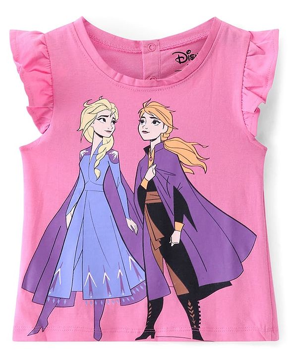 Babyhug Disney Interlock Knit Frock with Frill Sleeves T-Shirt Disney Princess Graphics - Pink & Blue