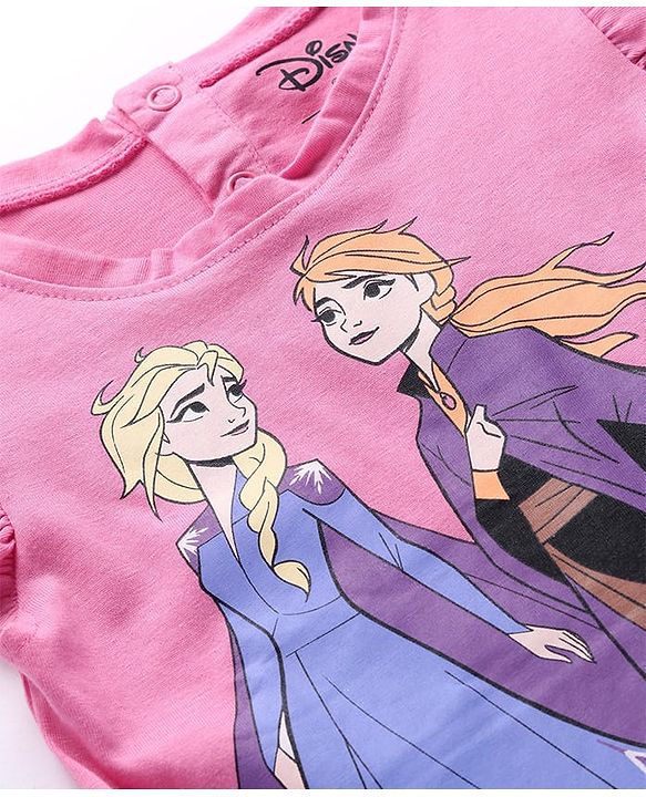 Babyhug Disney Interlock Knit Frock with Frill Sleeves T-Shirt Disney Princess Graphics - Pink & Blue