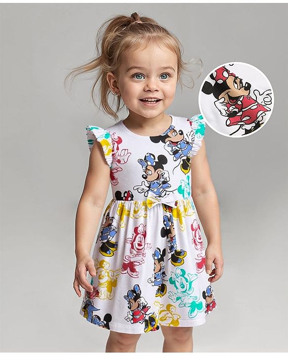 Babyhug Disney Cotton Knit Frill Sleeves Minnie Mouse Printed Frock with Bloomer - White
