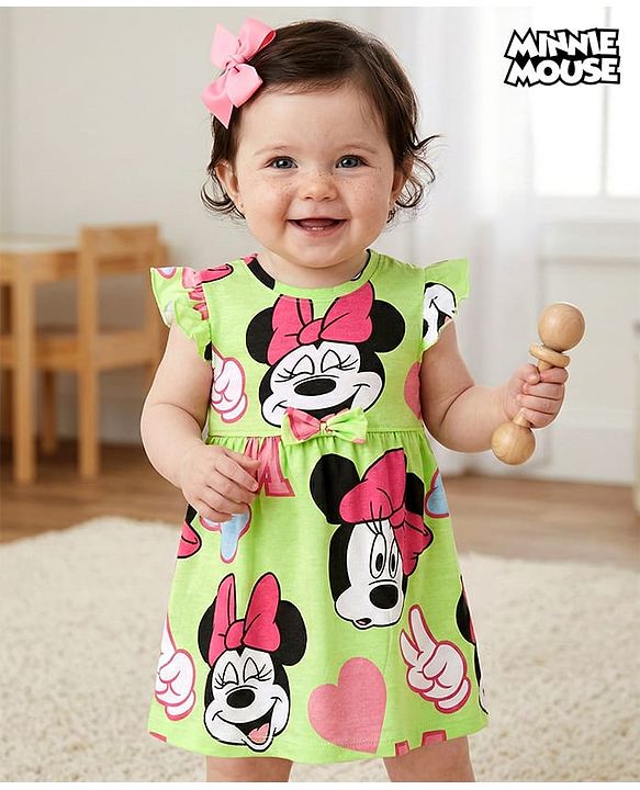 Babyhug Disney Cotton Interlock Sleeveless Frock With Bloomer Minnie Mouse Print - Green