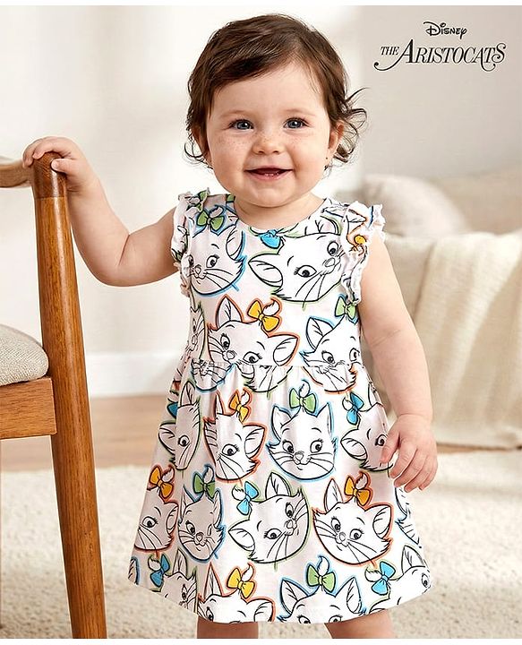 Babyhug Disney Cotton Interlock Frill Sleeves Frock with Aristocat Marie  Print - White
