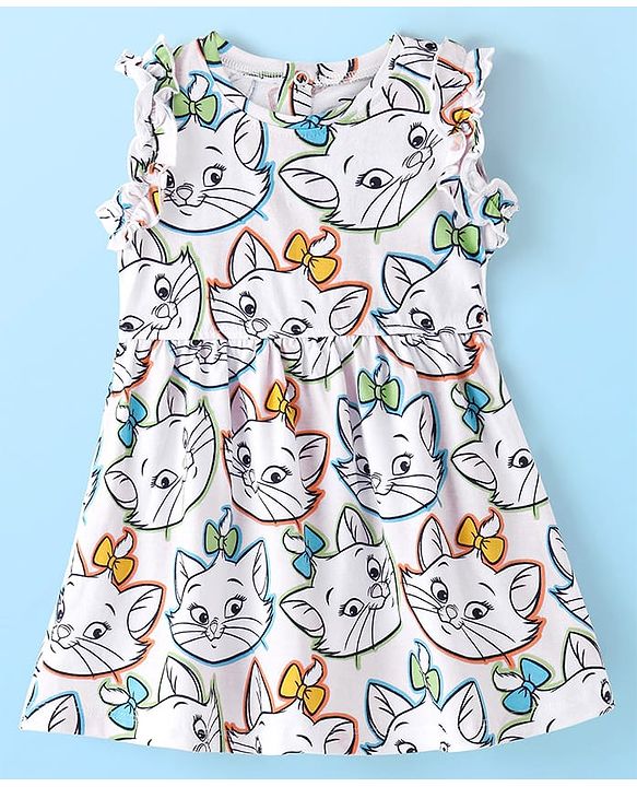 Babyhug Disney Cotton Interlock Frill Sleeves Frock with Aristocat Marie  Print - White