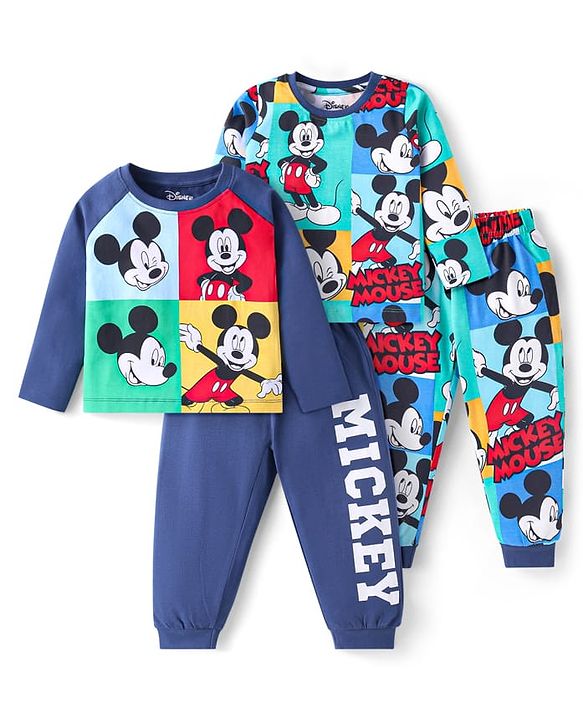 Babyhug Disney Single Jersey Knit Full Sleeves Night Suits with Mickey Mouse Graphics Pack of 2 - Navy Blue