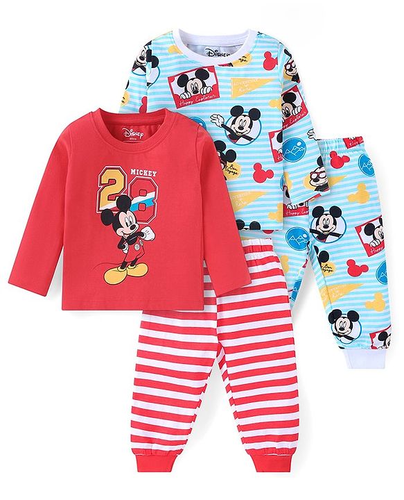 Babyhug Disney Single Jersey Knit Full Sleeves Night Suits with Mickey Mouse Graphics Pack of 2 - Red & White
