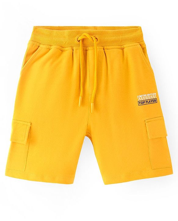 Pine Kids Cotton Knit Above Knee Length Text Print  Shorts -Gold Pine