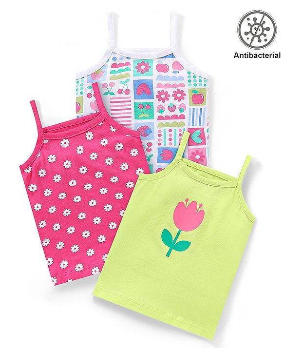 Babyhug 100% Cotton Knit Sleeveless  Antibacterial Slips with Floral Print  Pack of 3 - Multicolour