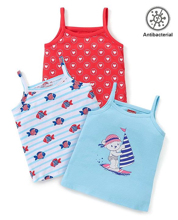 Babyhug 100% Cotton Knit Anti Bacterial Sleeveless Slips with Hearts and Fish Print Pack of 3 - Multicolor