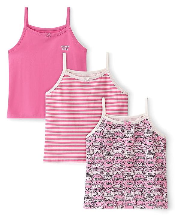 Pine Kids Cotton Lycra Knit Sleeveless Stripes & Text Printed Slips Pack of 3 (Colour & Print May Vary)