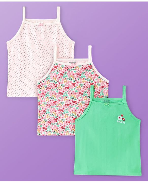 Pine Kids Cotton Lycra Knit Sleeveless Slips Floral & Heart Print Pack Of 3 (Color May Vary)