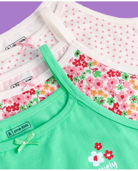 Pine Kids Cotton Lycra Knit Sleeveless Slips Floral & Heart Print Pack Of 3 (Color May Vary)