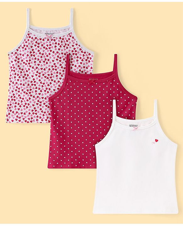 Pine Kids Cotton Lycra Knit Sleeveless Slips Heart Print Pack Of 3 (Color May Vary)