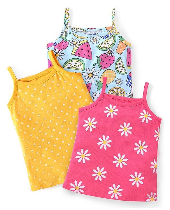 Babyhug 100% Cotton Knit Sleeveless Antibacterial Slips with Floral & Polka Dot Print Pack of 3 - Multicolour