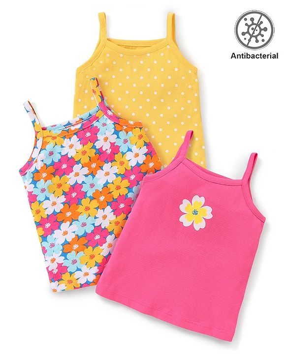 Babyhug 100% Cotton Knit Anti Bacterial Sleeveless Slips with Floral and Polka Dots Print Pack of 3 - Multicolor