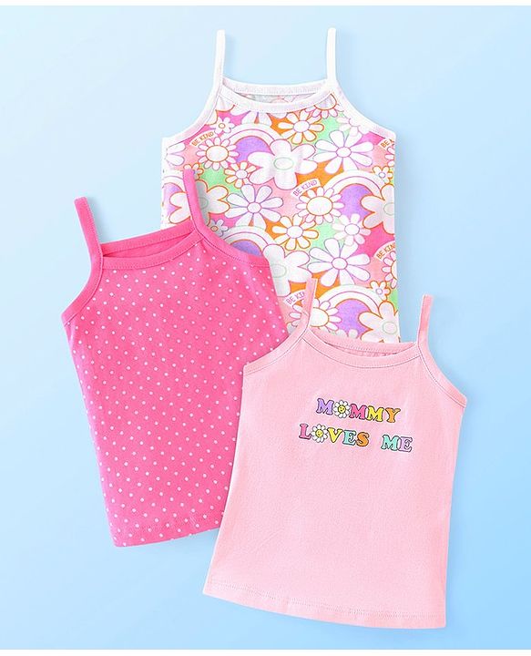 Babyhug 100% Cotton Knit Singlet Sleeves Antibacterial Floral Printed Slips Pack Of 3 - Multicolour