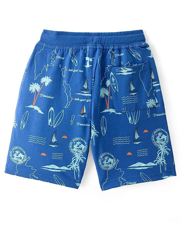 Pine Kids Cotton Looper Above Knee Length Shorts Beach Print - Blue