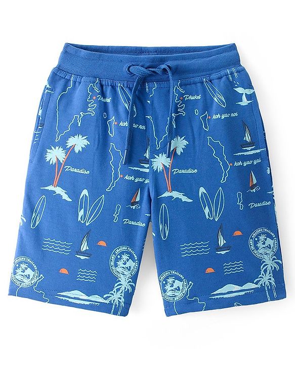 Pine Kids Cotton Looper Above Knee Length Shorts Beach Print - Blue