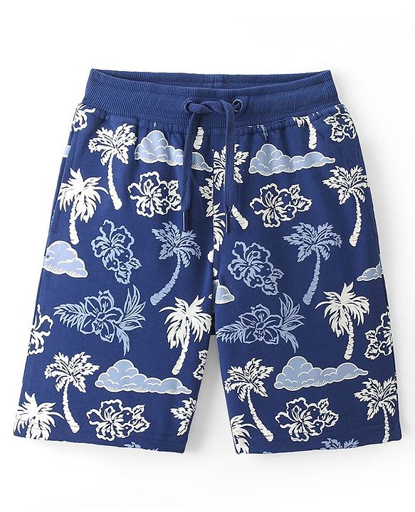 Pine Kids Cotton Looper Above Knee Length Shorts Tropical Print - Blue