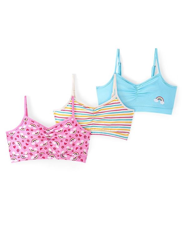 Pine Kids Cotton Sleeveless Bralettes With Stripes & Rainbow Print Pack of 3 (Colour May Vary)