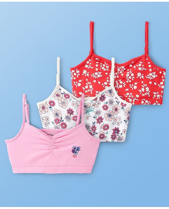 Pine Kids Cotton Sleeveless Bralettes With Floral Print Pack of 3 (Colour May Vary)