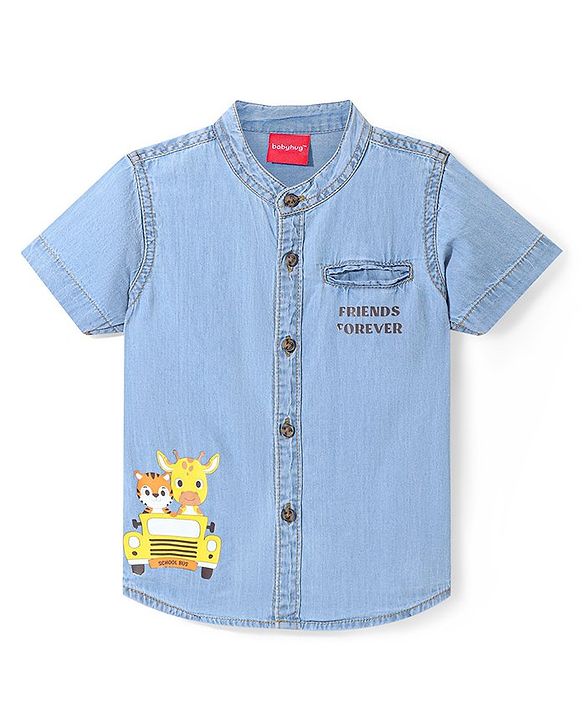 Babyhug Cotton Woven Half Sleeves Denim Shirt With Mandarin Collar Animal Print - Blue