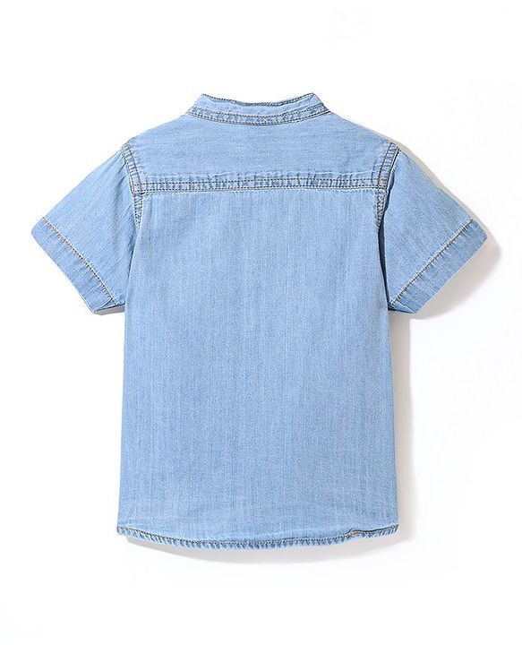 Babyhug Cotton Woven Half Sleeves Denim Shirt With Mandarin Collar Animal Print - Blue