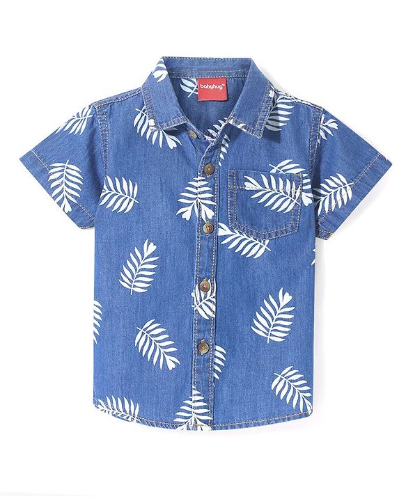 Babyhug Denim Half Sleeves Shirt Leaf Print - Blue