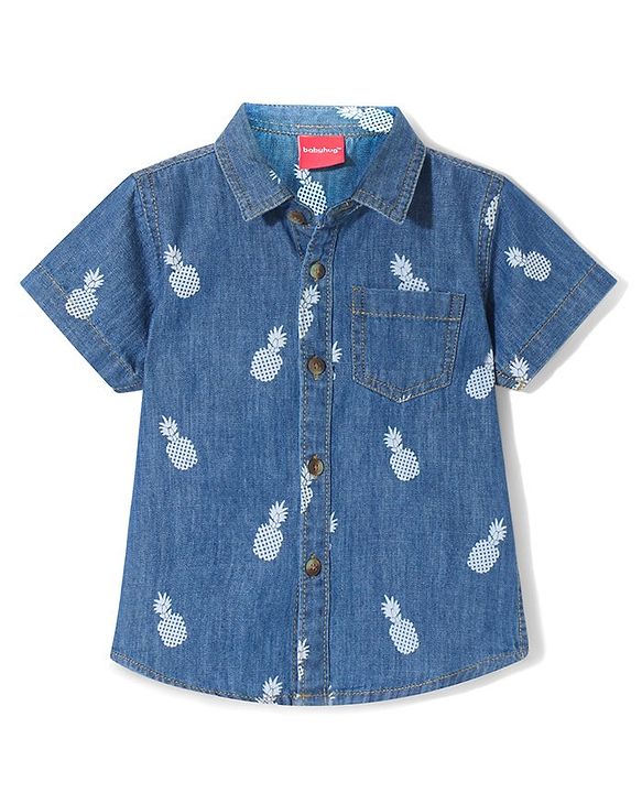 Babyhug Denim Half Sleeves Shirt Pineapple Print - Blue