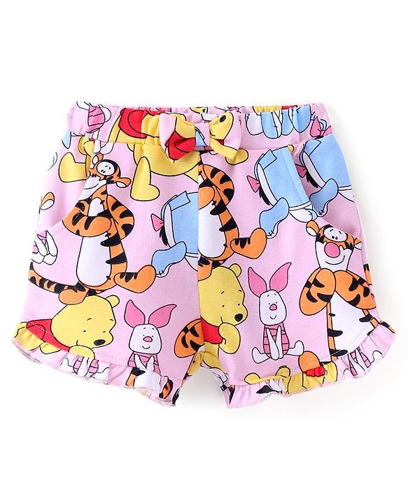 Babyhug Disney Knit Above Knee Length Shorts with Winnie the Pooh Graphics and Frills Detailing- Pink