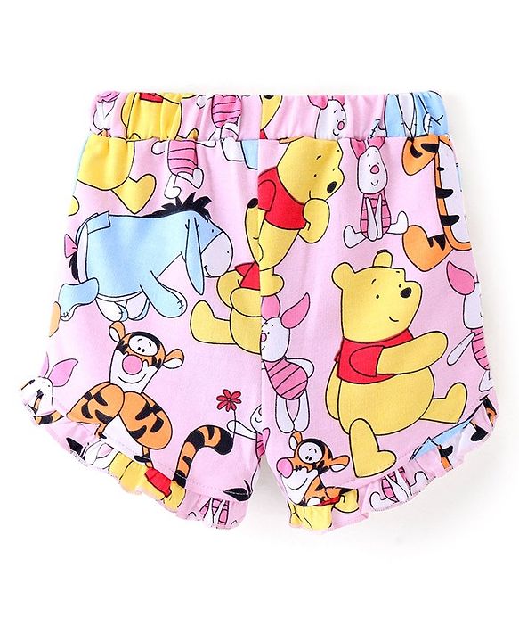 Babyhug Disney Knit Above Knee Length Shorts with Winnie the Pooh Graphics and Frills Detailing- Pink
