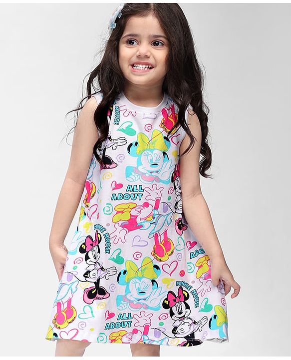 Babyhug Disney Single Jersey Sleeveless Frock With Minnie Mouse Print - White