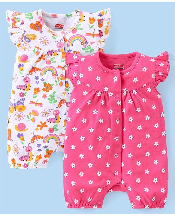 Babyhug 100% Cotton Knit Frill  Sleeves  Rompers with Floral Print  Pack of 2 - Multicolour