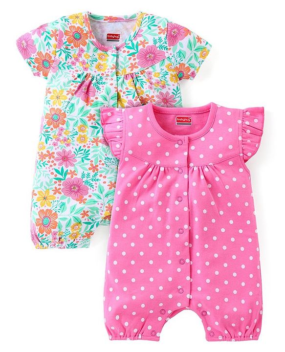 Babyhug 100% Cotton Knit Half Sleeves Floral & Polka Dots Printed Rompers Pack of 2 - Multicolour