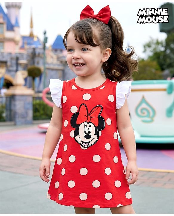 Babyhug Disney Single Jersey Knit Half Sleeves Top With Frocks Minnie Mouse Graphics and Frill Detailing- Red & White