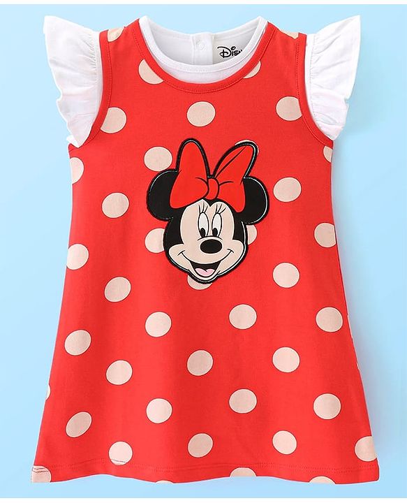 Babyhug Disney Single Jersey Knit Half Sleeves Top With Frocks Minnie Mouse Graphics and Frill Detailing- Red & White