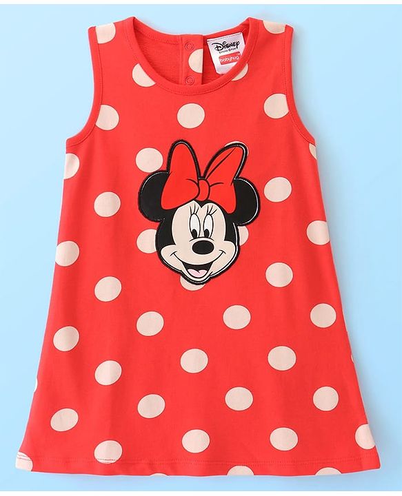 Babyhug Disney Single Jersey Knit Half Sleeves Top With Frocks Minnie Mouse Graphics and Frill Detailing- Red & White