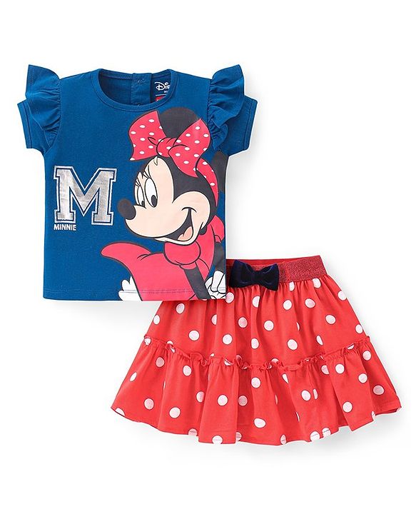 Babyhug Disney Cotton Knit Half Sleeves Top & Mid Length Skirt Set With Frill Detail & Minnie Mouse Graphics - Navy & Red
