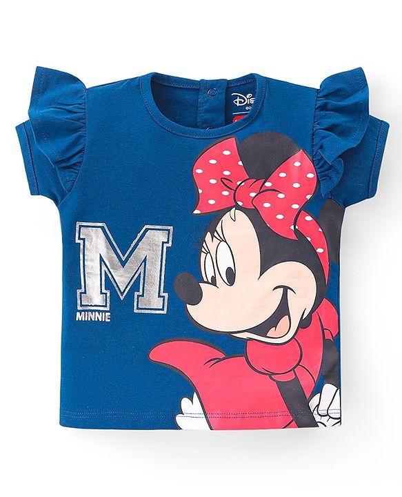 Babyhug Disney Cotton Knit Half Sleeves Top & Mid Length Skirt Set With Frill Detail & Minnie Mouse Graphics - Navy & Red