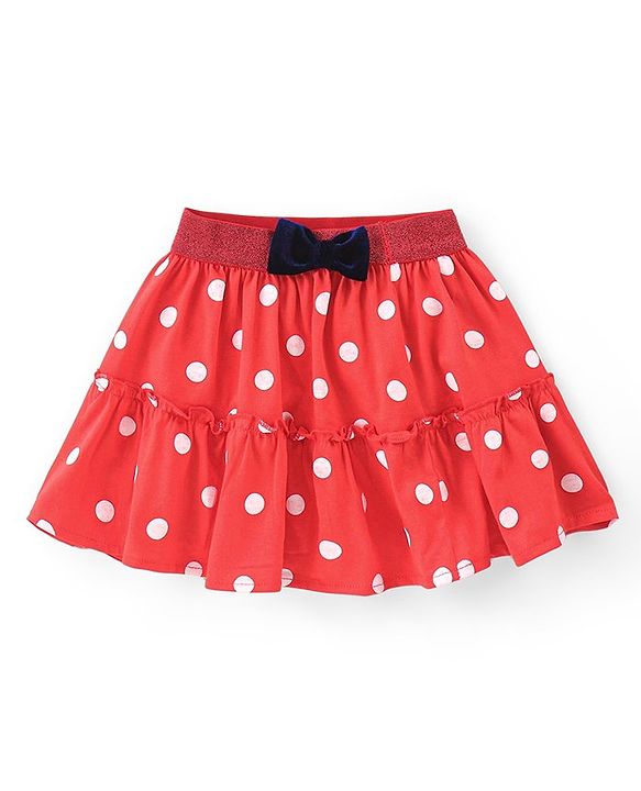 Babyhug Disney Cotton Knit Half Sleeves Top & Mid Length Skirt Set With Frill Detail & Minnie Mouse Graphics - Navy & Red